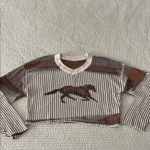 Cider Brown and Cream V-Neck Crop Top Sweater with Horse